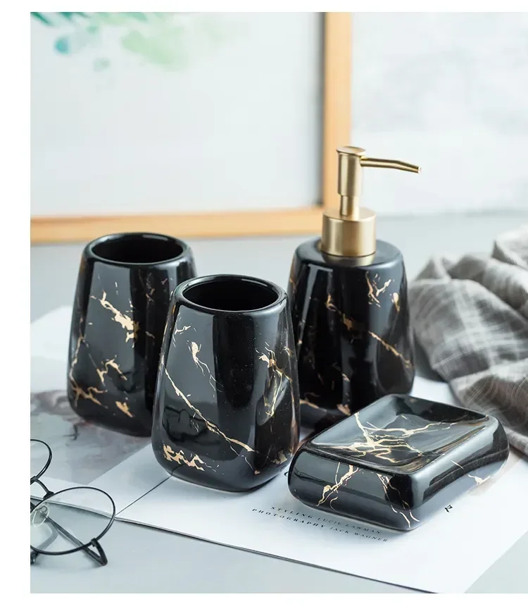 Ceramic Glossy Marble Bathroom Accessory Set Washing Tools Bottle Mouthwash Cup Soap Toothbrush Holder Tray Home Hotel Wash Set