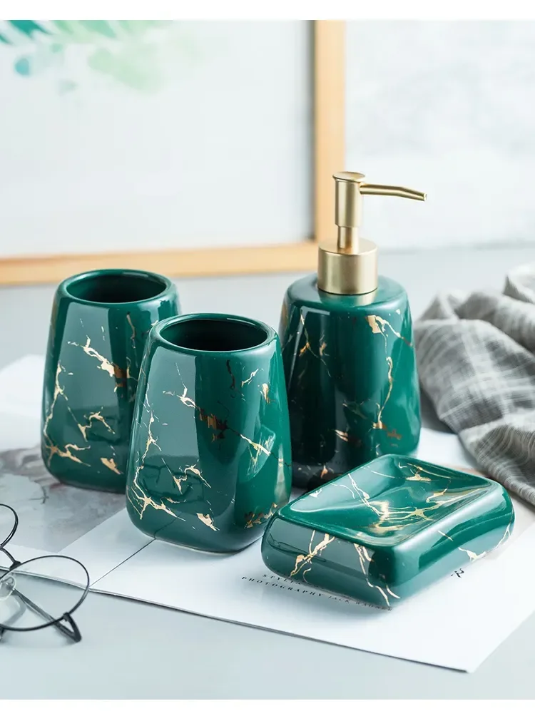 Ceramic Glossy Marble Bathroom Accessory Set Washing Tools Bottle Mouthwash Cup Soap Toothbrush Holder Tray Home Hotel Wash Set