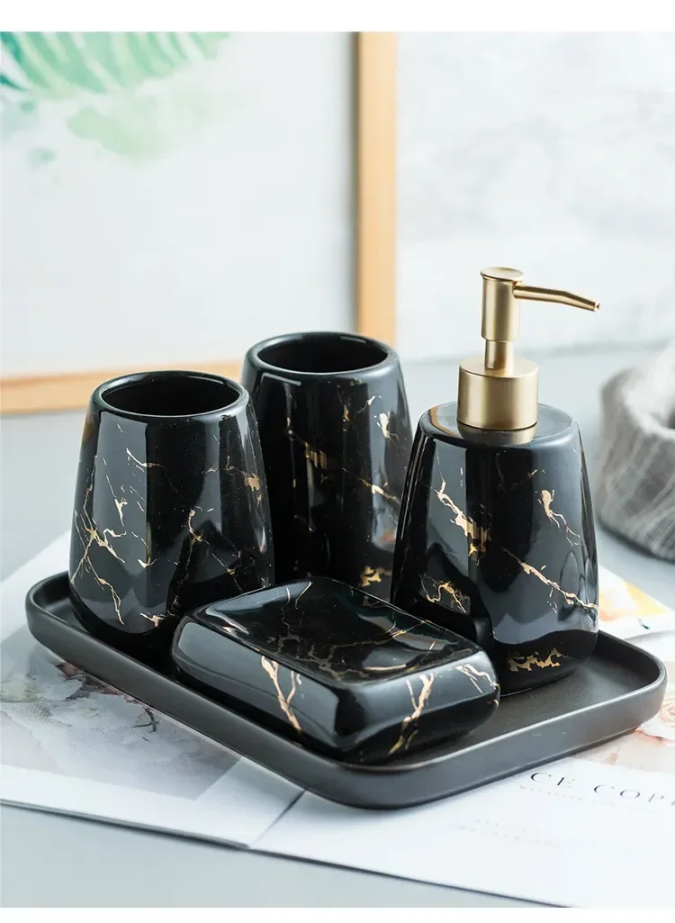 Ceramic Glossy Marble Bathroom Accessory Set Washing Tools Bottle Mouthwash Cup Soap Toothbrush Holder Tray Home Hotel Wash Set