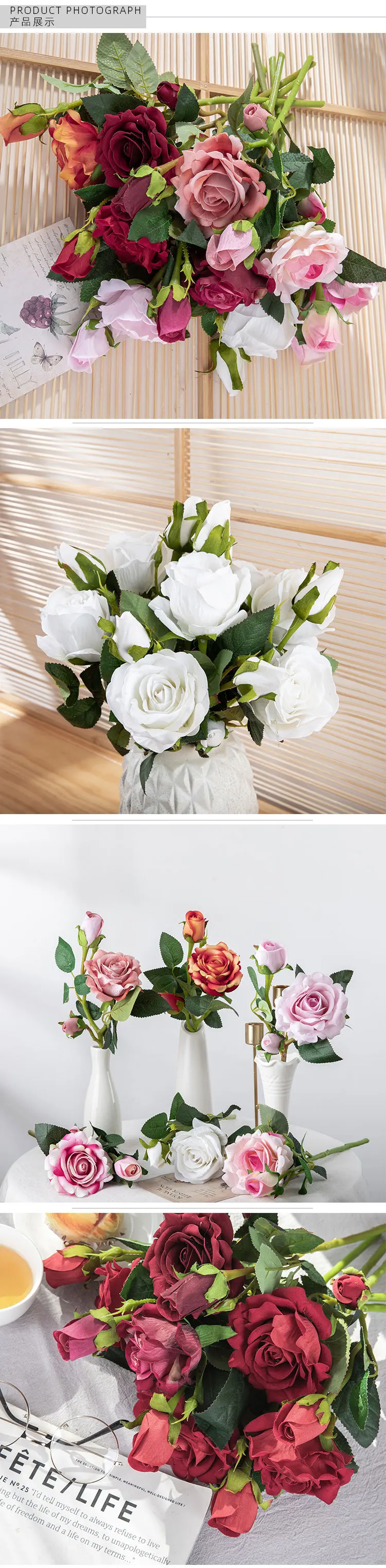 3head Velvet Rose Artificial Flower Plant Bonsai Wedding Flower Wall INS Simulation Plant Wall Home Decoration Accessories