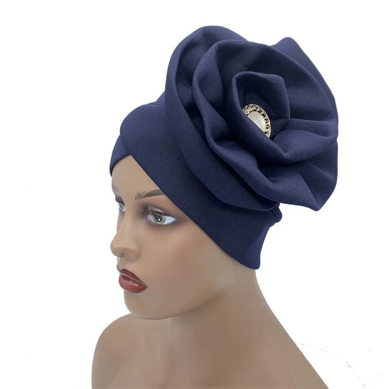 2023 Trendy Women Big Flower Turban Hat Fashion Muslim Hijab Caps Diamonds Head Wrap Ladies Bandana Chemo Cap African Hat