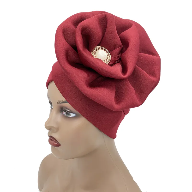 2023 Trendy Women Big Flower Turban Hat Fashion Muslim Hijab Caps Diamonds Head Wrap Ladies Bandana Chemo Cap African Hat