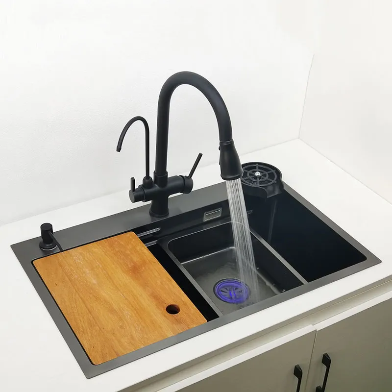 Matte Black Nano Kitchen Sink Above Mount Washing Basin with chopping board 304 Stainless Steel Single black kitchen sink