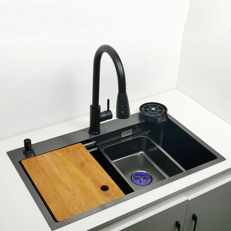 Matte Black Nano Kitchen Sink Above Mount Washing Basin with chopping board 304 Stainless Steel Single black kitchen sink