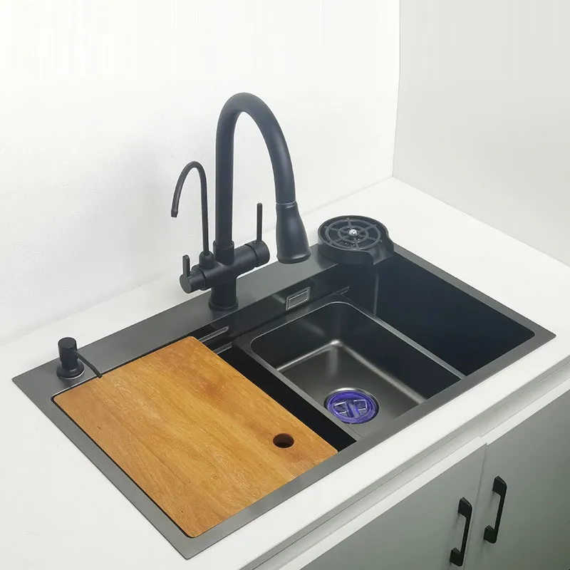 Matte Black Nano Kitchen Sink Above Mount Washing Basin with chopping board 304 Stainless Steel Single black kitchen sink