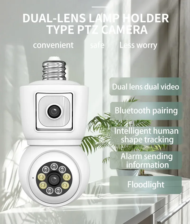 ICSEE 4K 8MP E27 Bulb WiFi Camera Dual Lens Dual Screen Auto Tracking Two Way Audio Color Night Vision Outdoor Security Camera