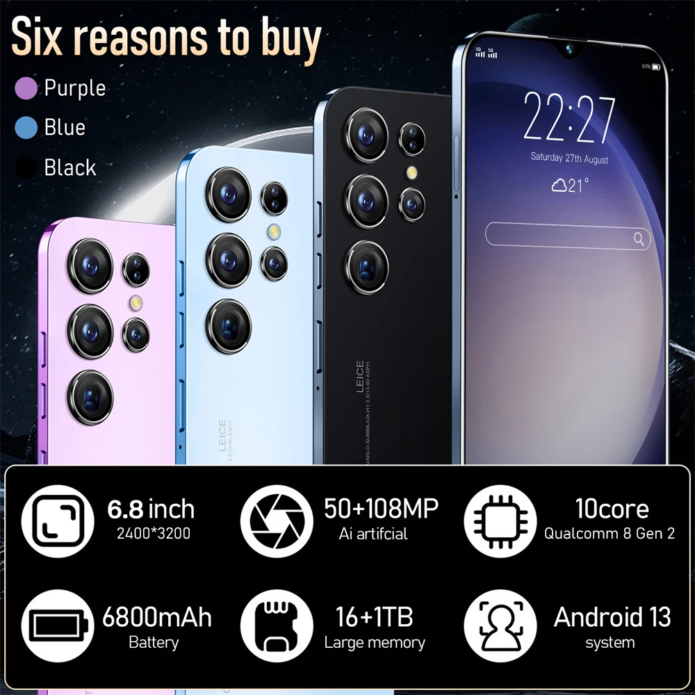 2024 New S24+ Ultra Smartphone Global Version 16G+1TB 6800mAh 108MP Qualcomm8 Gen 2 4G/5G Network Cellphone Android Mobile Phone