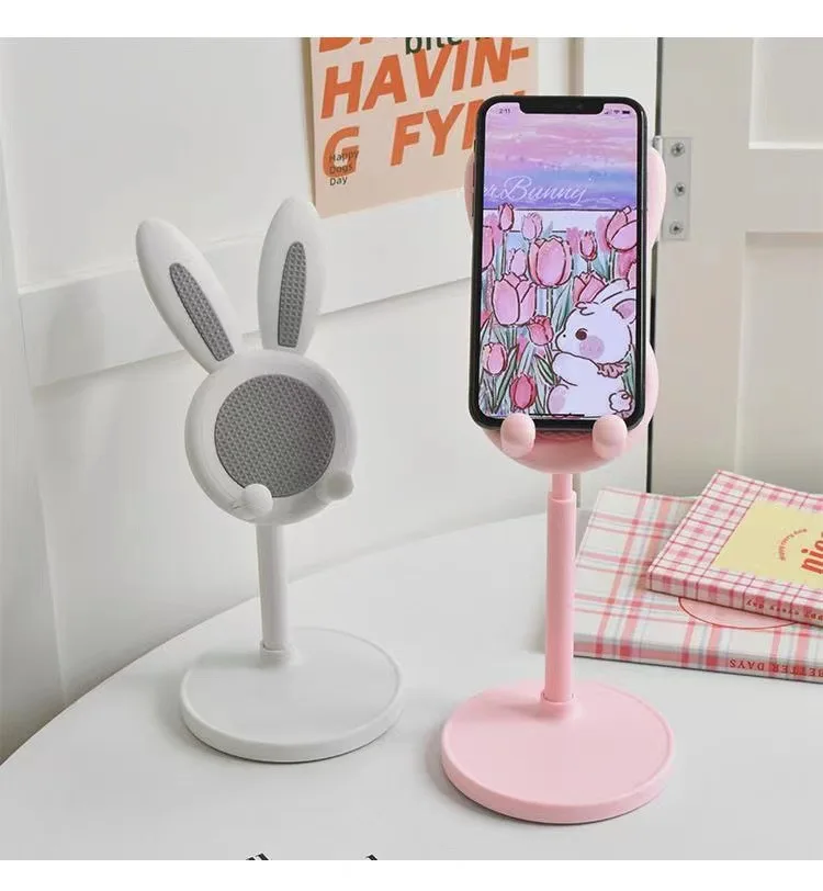 Pink Phone Holder Desktop Cell Phone Stand For iPhone 13 14 Samsung Smartphone Adjustable Lovely Rabbit Cartoon Table Support