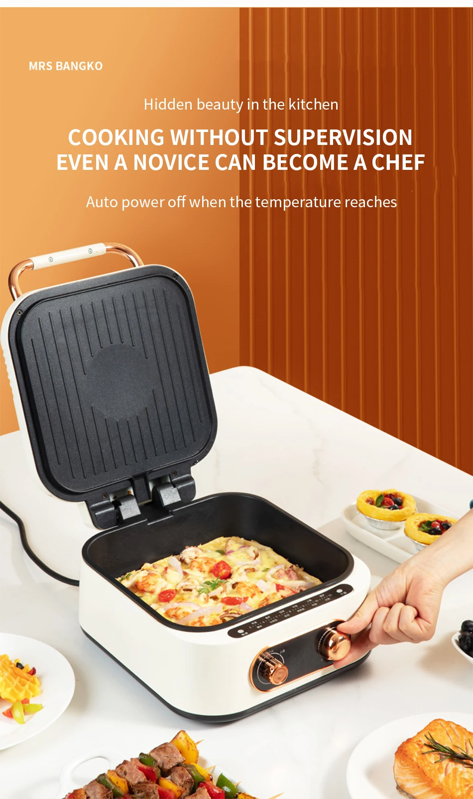 Household double-sided heating, timed multifunctional frying and baking machine, non stick pot, suspended heating
