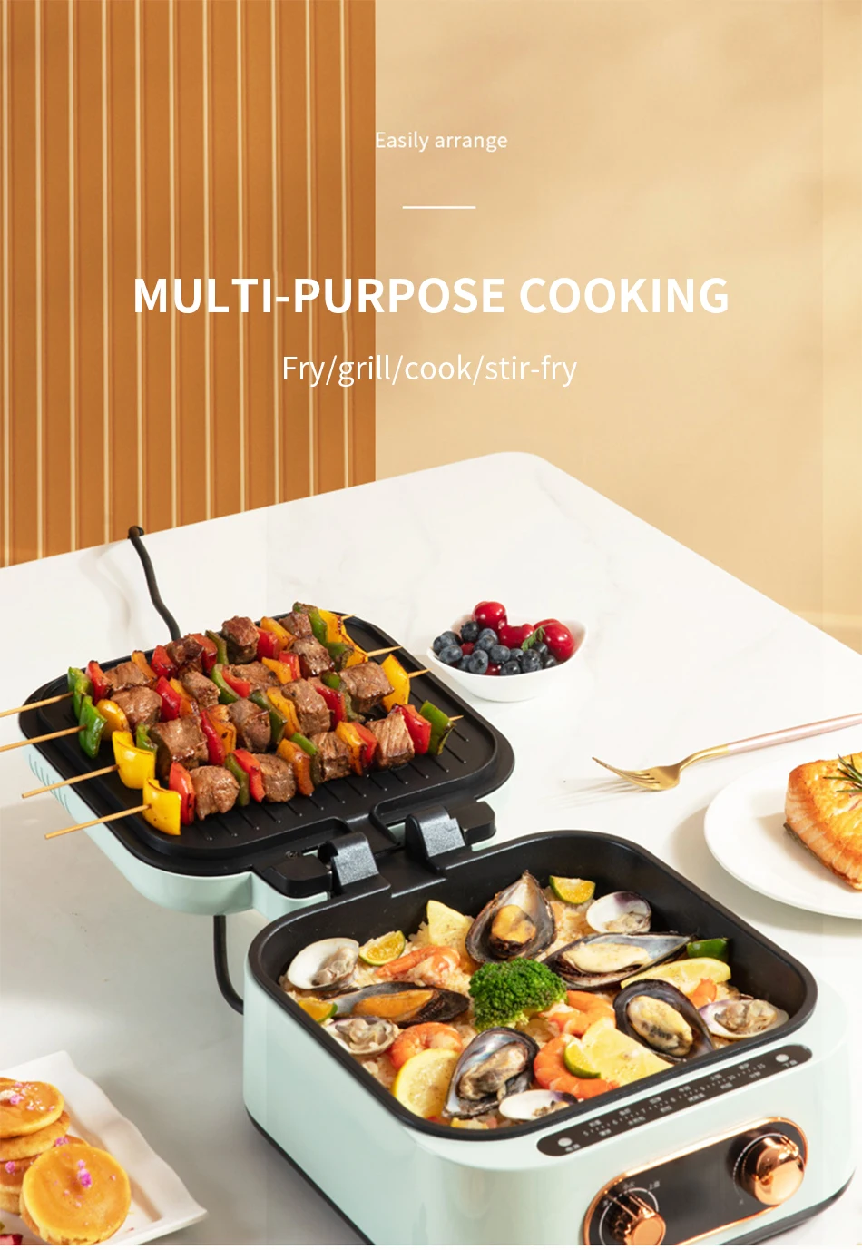 Household double-sided heating, timed multifunctional frying and baking machine, non stick pot, suspended heating