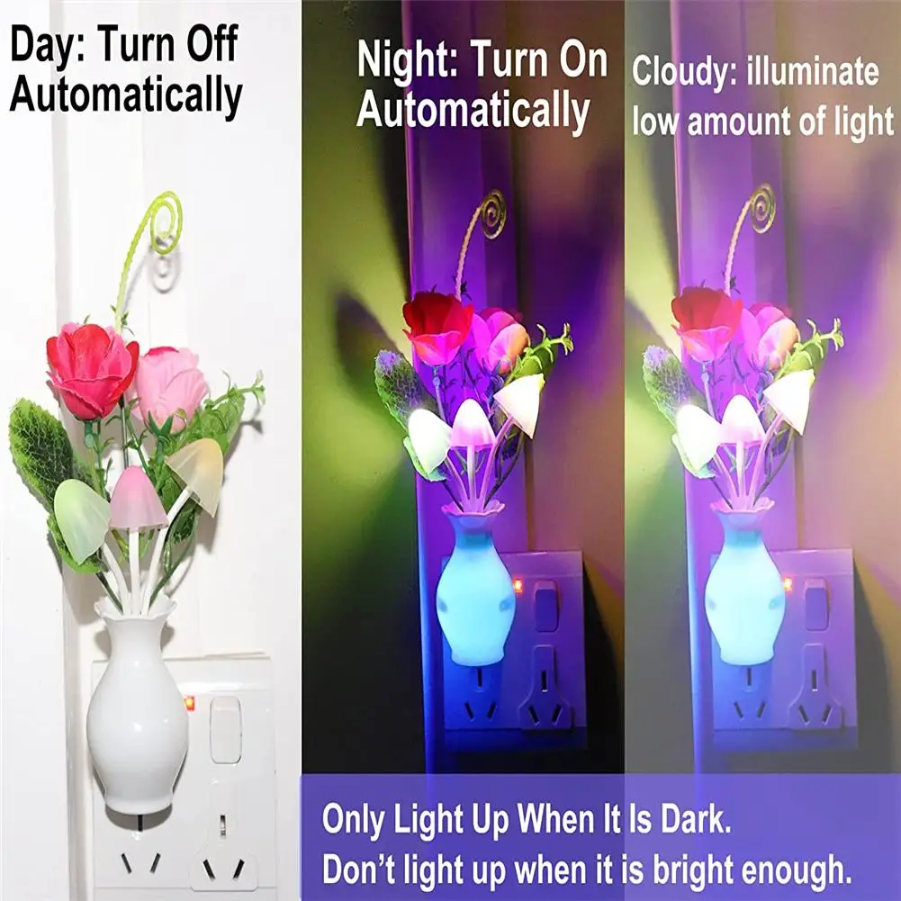 0.5W LED Night Light With Auto Sensor Energy Saving Rose Flower Mushroom Plug In Lamp For Bedroom Bathroom Living Room Kitchen