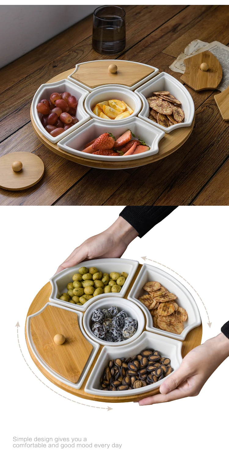 Creative Ceramic Five Grid Rotating Platter with Lid Rotating Tray Candy Fruit Plate Large Divided Snack Tray Home Decoration