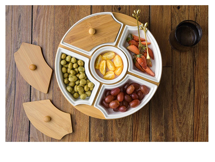 Creative Ceramic Five Grid Rotating Platter with Lid Rotating Tray Candy Fruit Plate Large Divided Snack Tray Home Decoration