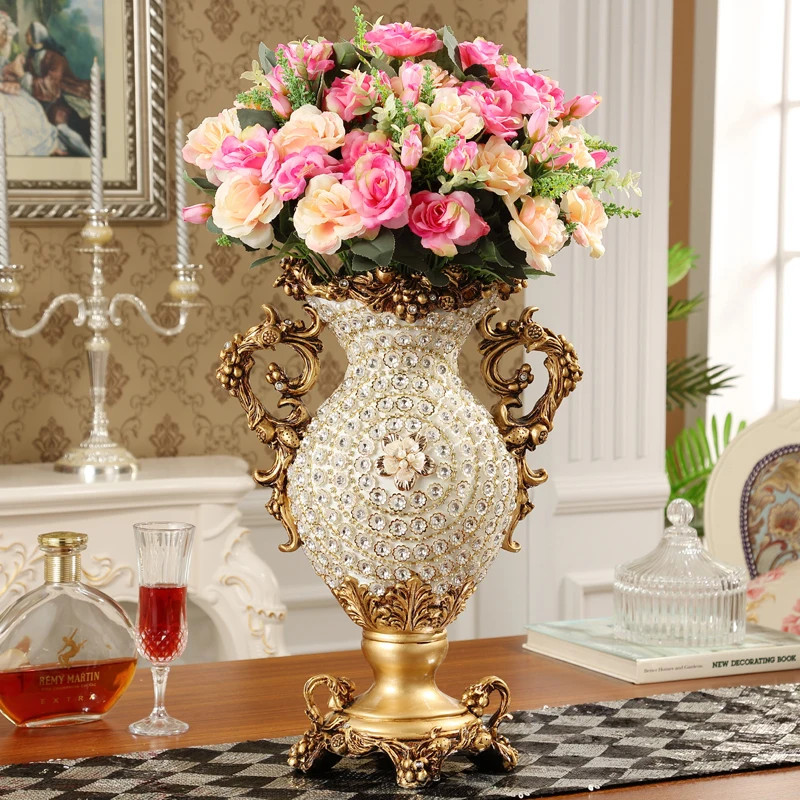 European Palace Luxury Diamond Large Resin Vase Figurines Home Decoration Crafts Hotel Retro Artificial Flower Arrangement Art