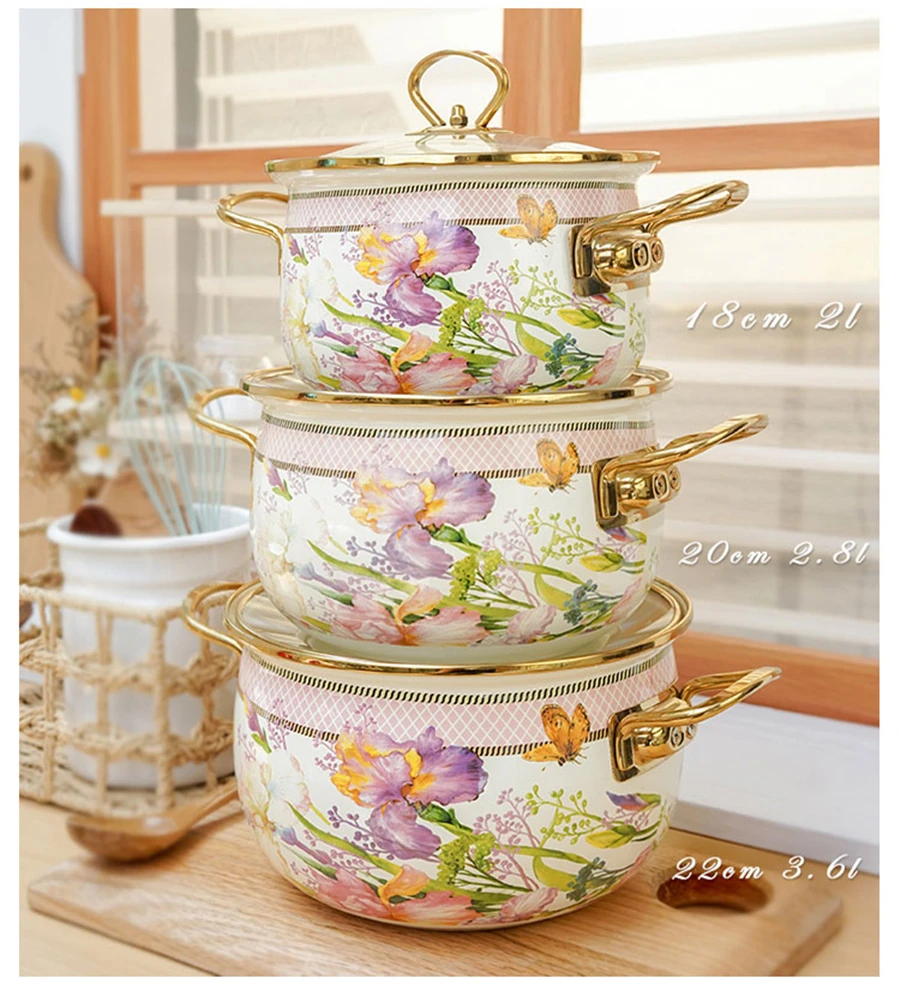 Retro Flower Soup Pot Enamel Binaural Large Capacity Household Stew Pot with Enamel Utensils for Kitchen Delicate Cookware
