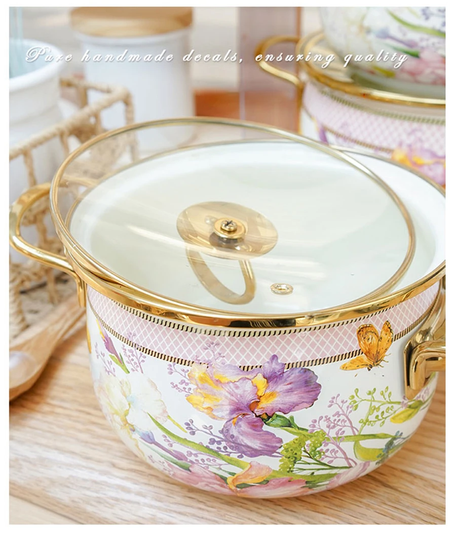 Retro Flower Soup Pot Enamel Binaural Large Capacity Household Stew Pot with Enamel Utensils for Kitchen Delicate Cookware