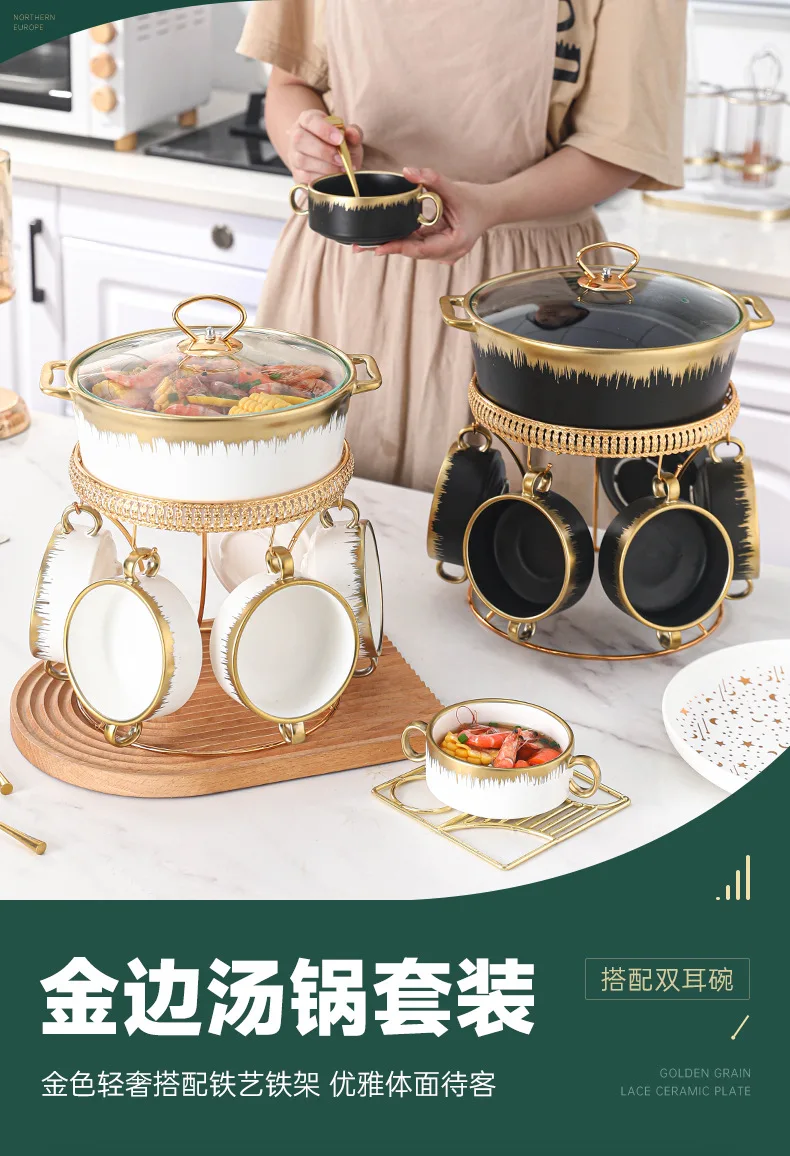 Gold-plated ceramic pot household Phnom Penh soup pot 7-piece set with lid soup pot with hotel tableware set wholesale