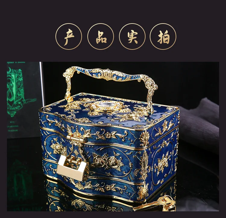 3 Layers European Metal Jewelry Box Organizer with Mirror Lock Vintage Storage Case Home Gift Decoration Cosmetic Chest