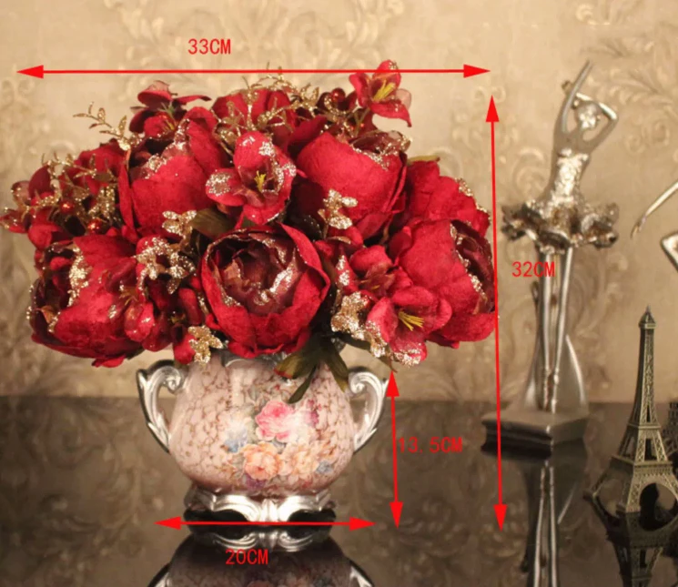 European Ceramic Vase+Artificial Flower Set Crafts Figurines Home Desktop Luxury Peony Fake Flower Pot Plant Ornament Decoration