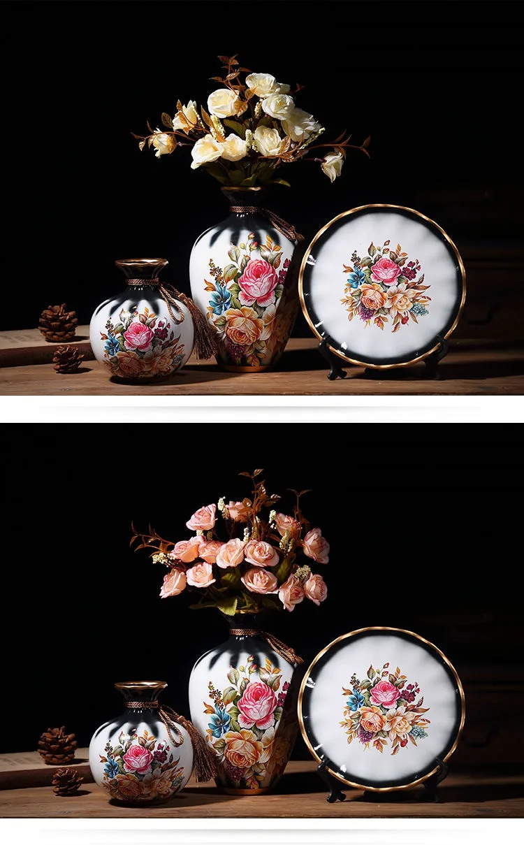 3Pcs/Set Ceramic Vase Dried Flowers Arrangement Wobble Plate Living Room Entrance Ornaments Home Decorations
