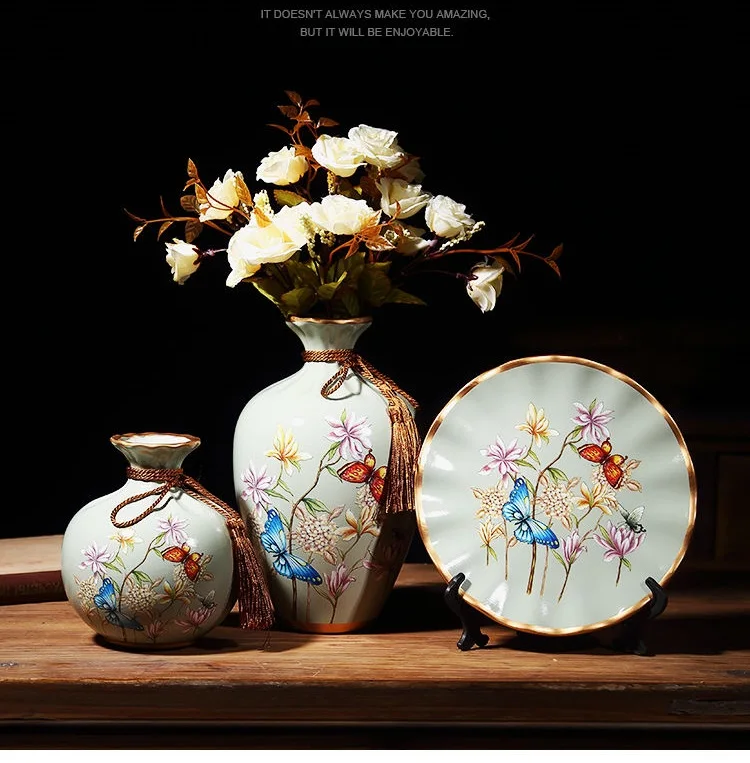 3Pcs/Set Ceramic Vase Dried Flowers Arrangement Wobble Plate Living Room Entrance Ornaments Home Decorations