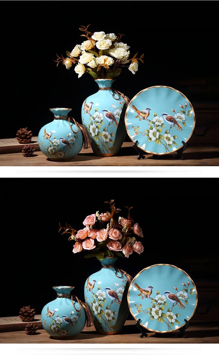3Pcs/Set Ceramic Vase Dried Flowers Arrangement Wobble Plate Living Room Entrance Ornaments Home Decorations