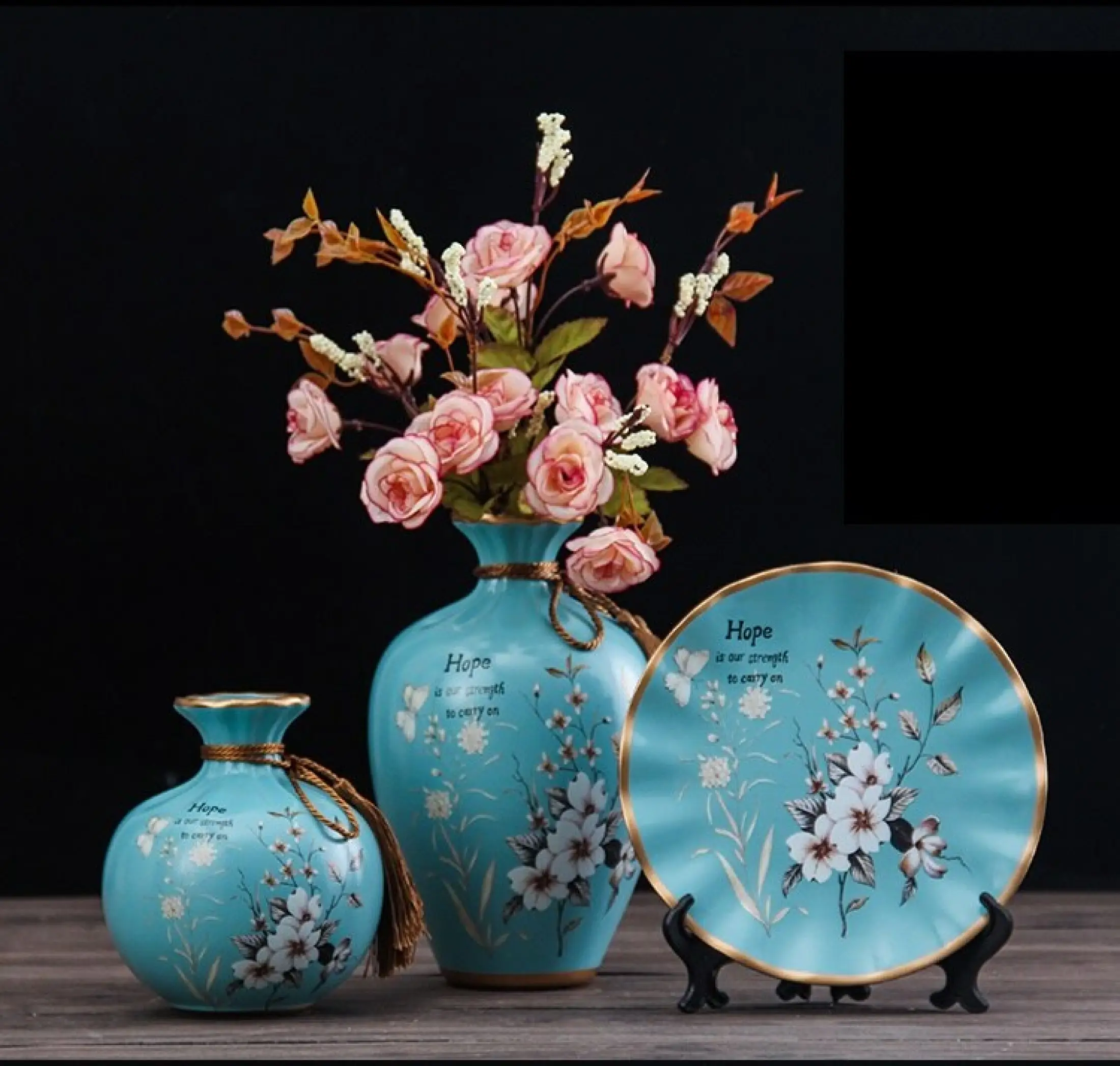 3Pcs/Set European Ceramic Vase Dried Flowers Flower Arrangement Wobble Plate Living Room Entrance Ornaments Home Decorations