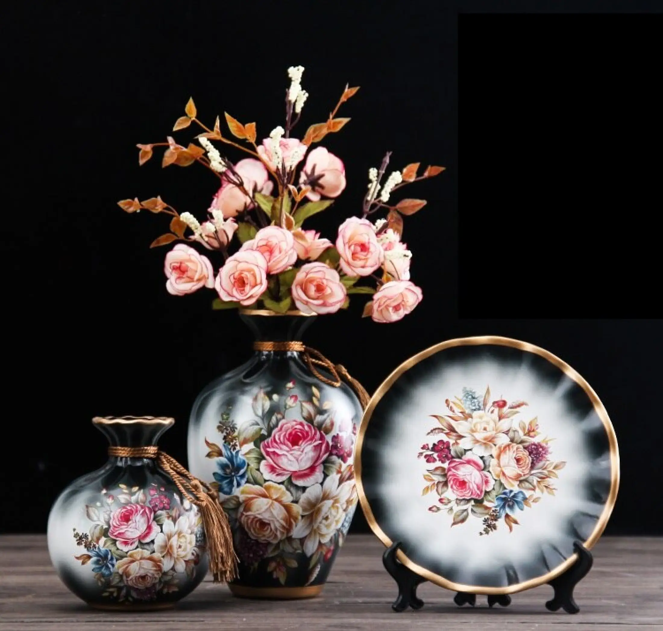 3Pcs/Set European Ceramic Vase Dried Flowers Flower Arrangement Wobble Plate Living Room Entrance Ornaments Home Decorations