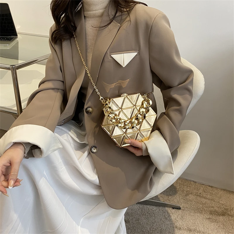 Fashion Acrylic Dinner Bags for Women 2023 Luxury Gold Shoulder Bag Designer Box Bag Cute Purses and Handbag Chain Crossbody Bag