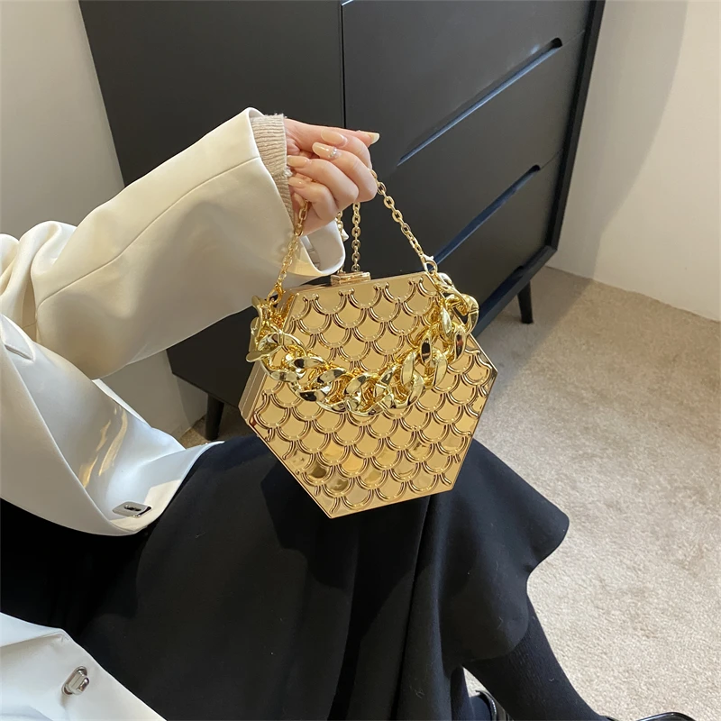 Fashion Acrylic Dinner Bags for Women 2023 Luxury Gold Shoulder Bag Designer Box Bag Cute Purses and Handbag Chain Crossbody Bag