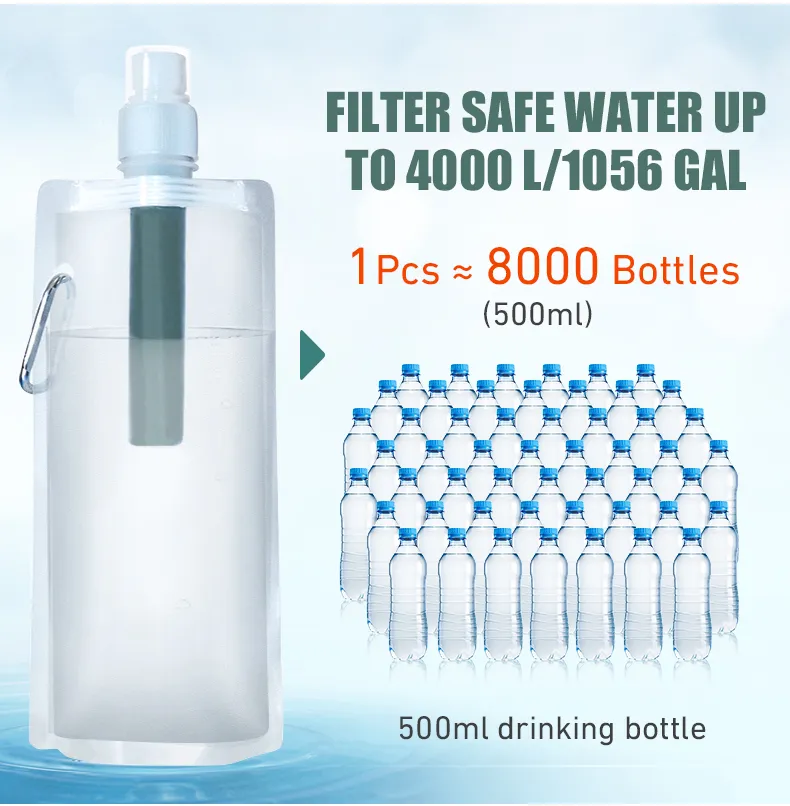 Outdoor Water Filter Straw Bottle for Survival or Emergency Supplies Camping Purification Water Purifier Bag Camping Hiking