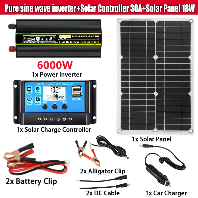 4000W/6000W/8000W Solar Panel System 18V18W Solar Panel 30A Charge Controller  Car Solar Inverter Kit Complete Power Generation