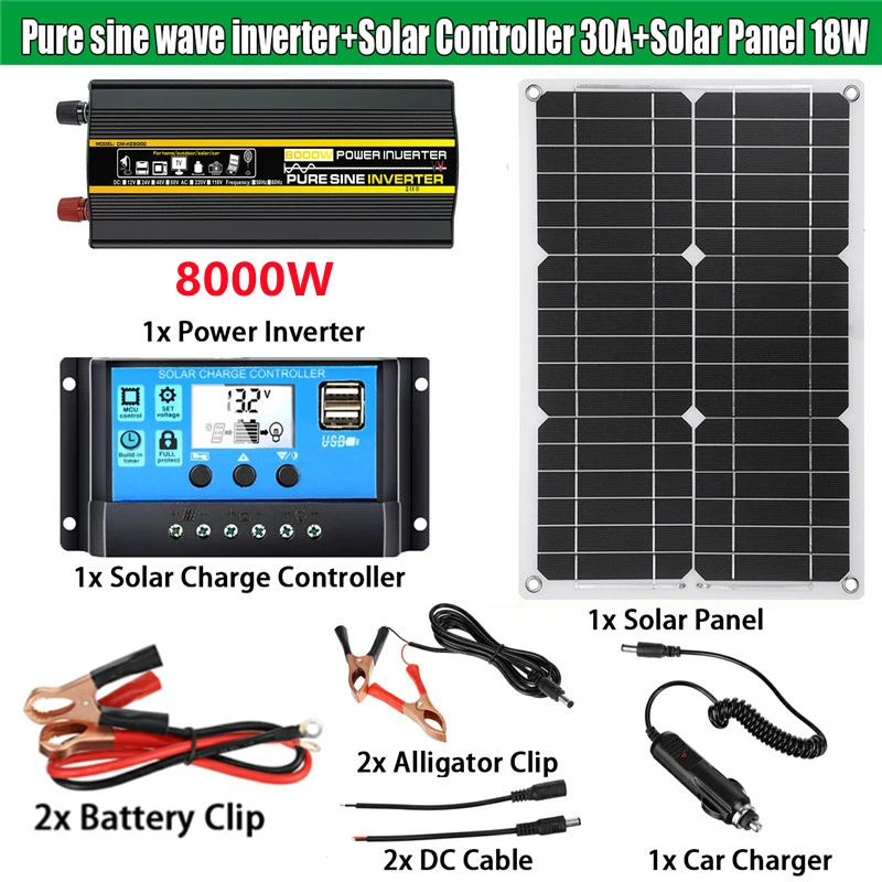 4000W/6000W/8000W Solar Panel System 18V18W Solar Panel 30A Charge Controller  Car Solar Inverter Kit Complete Power Generation