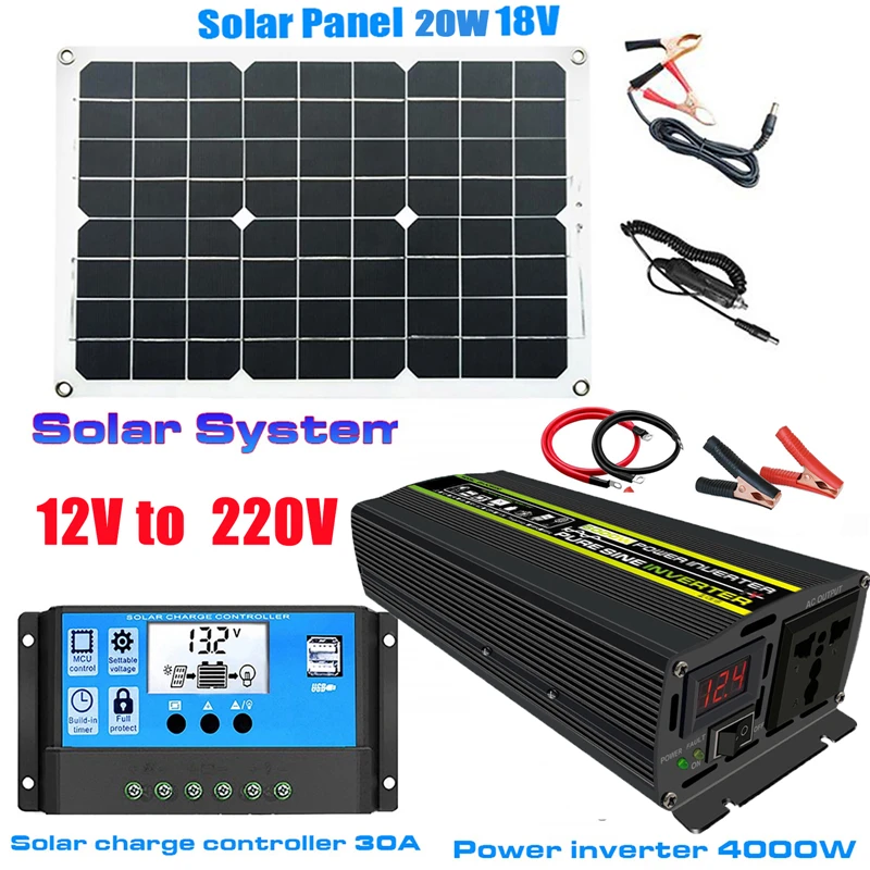 4000W/6000W/8000W Solar Panel System 18V18W Solar Panel 30A Charge Controller  Car Solar Inverter Kit Complete Power Generation