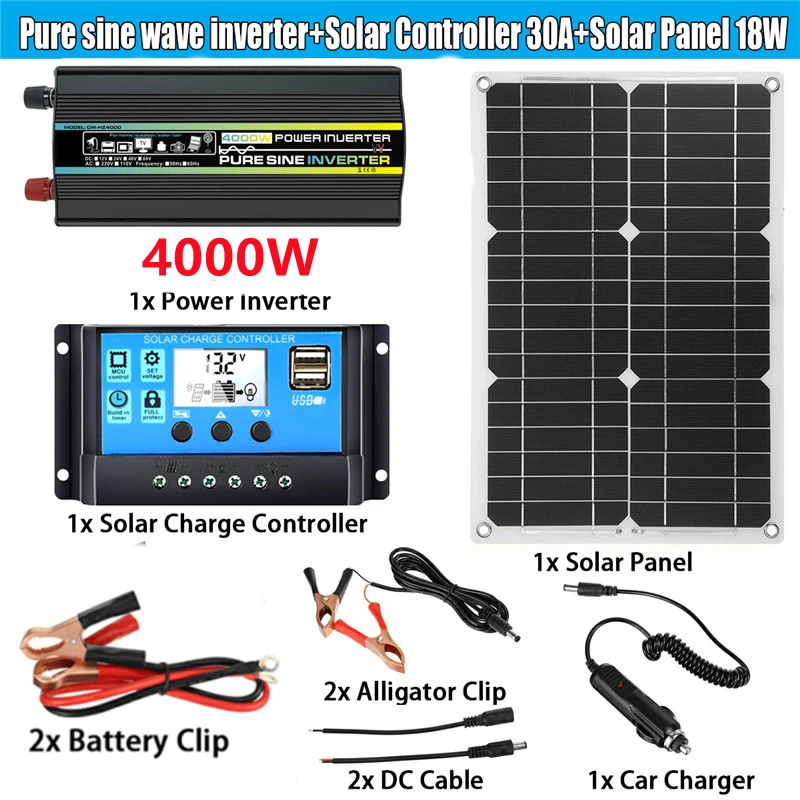 4000W/6000W/8000W Solar Panel System 18V18W Solar Panel 30A Charge Controller  Car Solar Inverter Kit Complete Power Generation