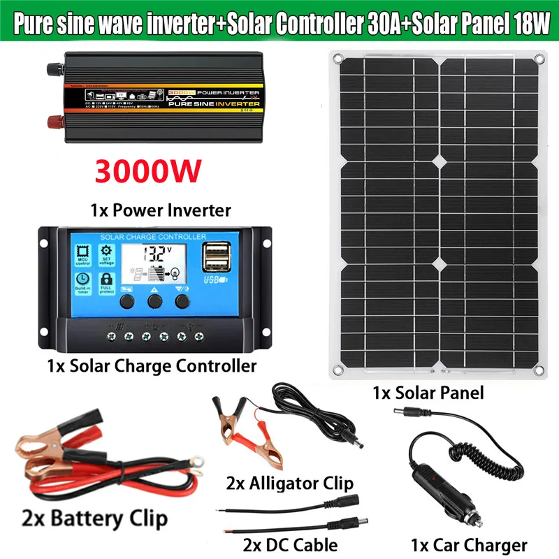 4000W/6000W/8000W Solar Panel System 18V18W Solar Panel 30A Charge Controller  Car Solar Inverter Kit Complete Power Generation