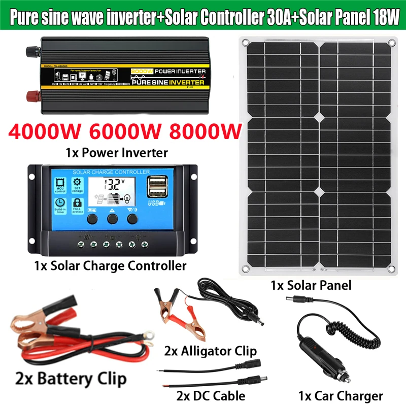 4000W/6000W/8000W Solar Panel System 18V18W Solar Panel 30A Charge Controller  Car Solar Inverter Kit Complete Power Generation