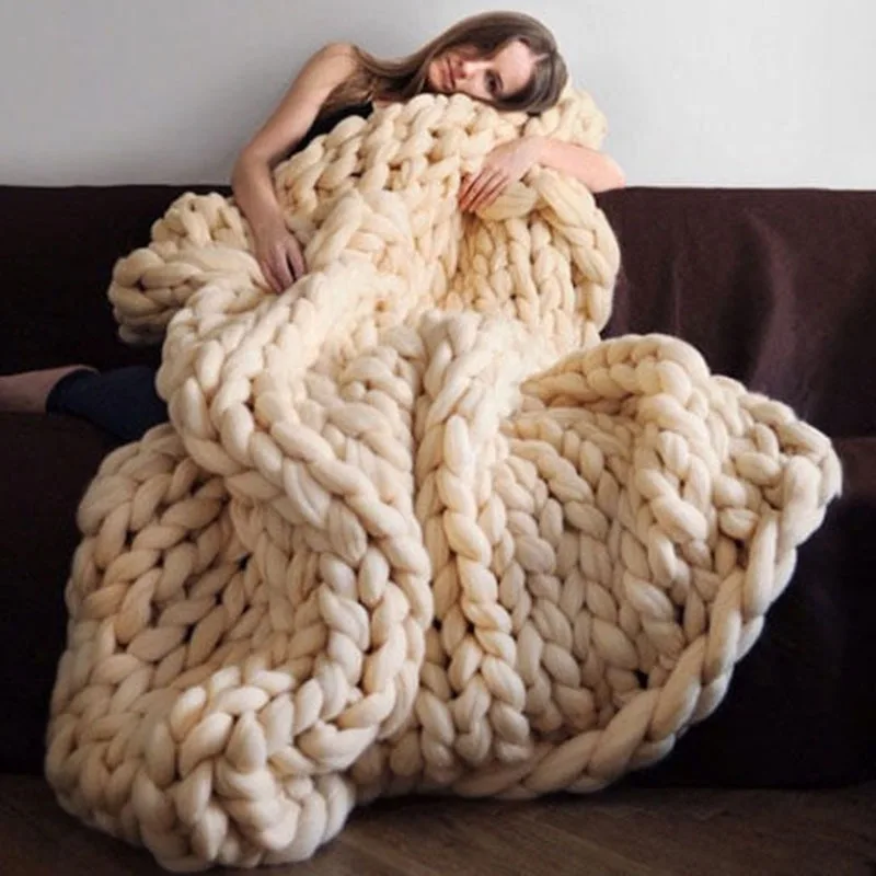 Thick Wool Blanket Thickened Large Yarn Roving Knitted Blanket Winter Warm Plaid Sofa Bed Blanket