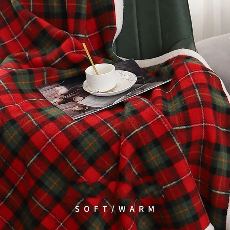 Red Plaid Flannel Blanket Merry Christmas Home Decor Winter Warm Wool Cashmere Blanket Lattice Plush Comfortable Soft Blanket