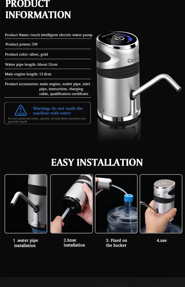 saengQ Automatic Electric Water Pump USB Charging Button Dispenser Gallon Bottle Drinking Switch For Water Pumping Device