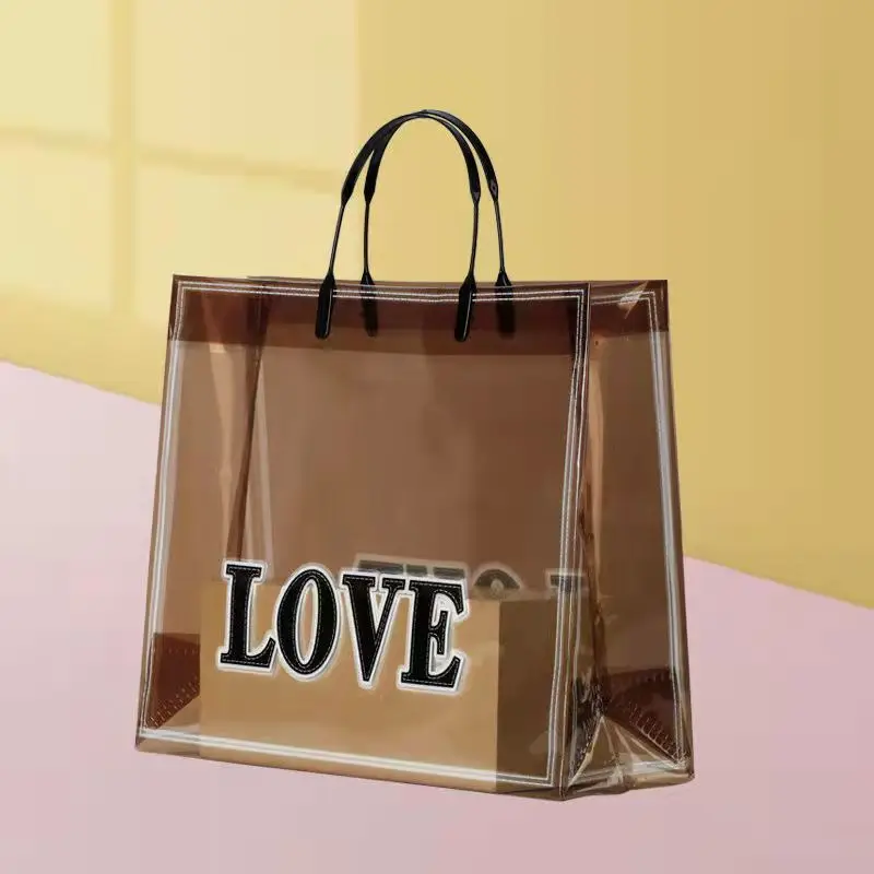 LOVE Print PVC Thick Tote Bags For Women Casual Portable Handbag Waterproof Gift Bag Clothing Bags Reused Plastic Shopping Bag