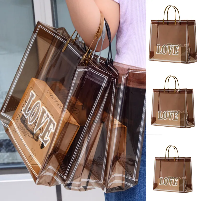 LOVE Print PVC Thick Tote Bags For Women Casual Portable Handbag Waterproof Gift Bag Clothing Bags Reused Plastic Shopping Bag