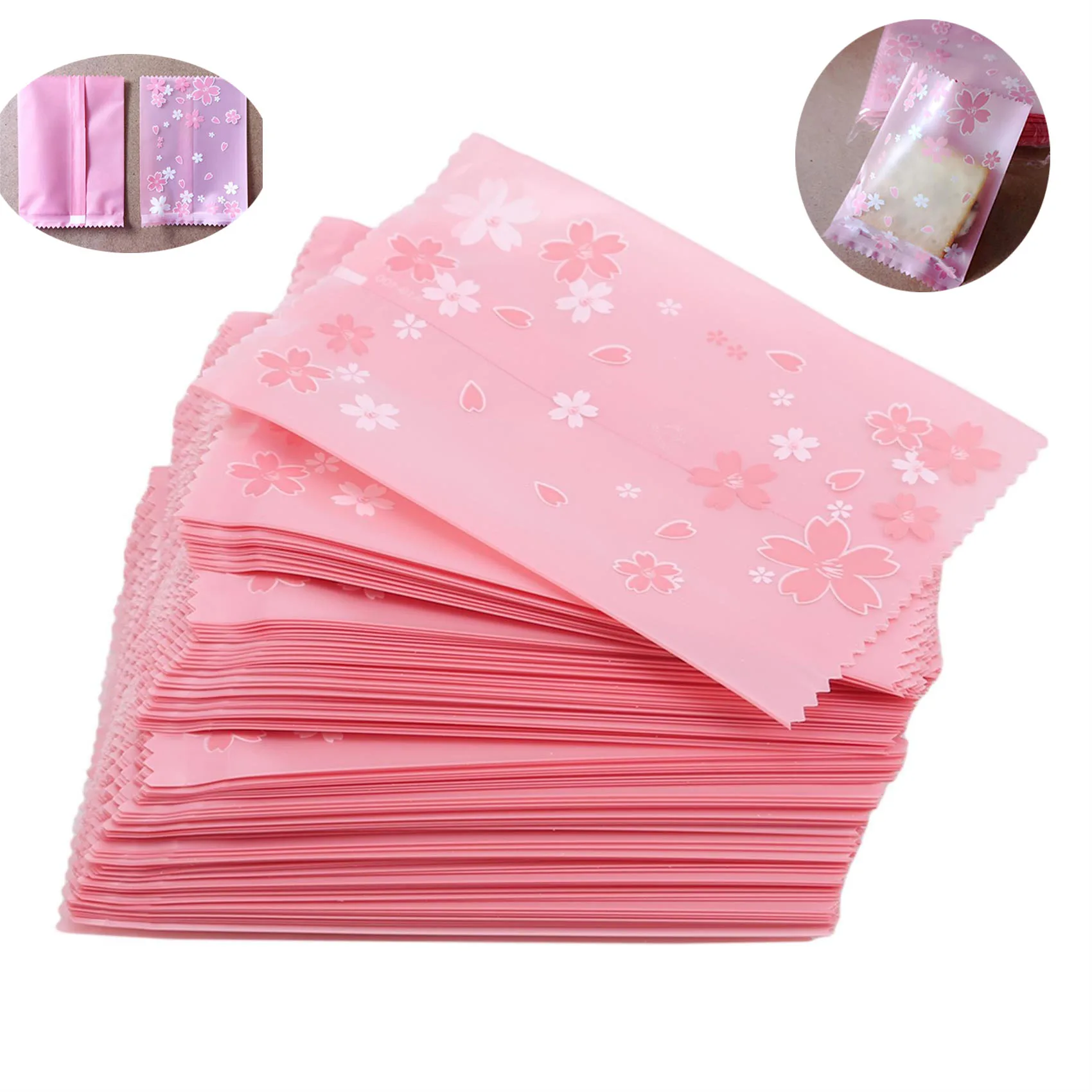 100pcs Multi-size Sakura Pink Cherry Blossom Frosted Self-adhesive Cellophane Bag Self Seal Cookies Packing Plastic Baker's Bags