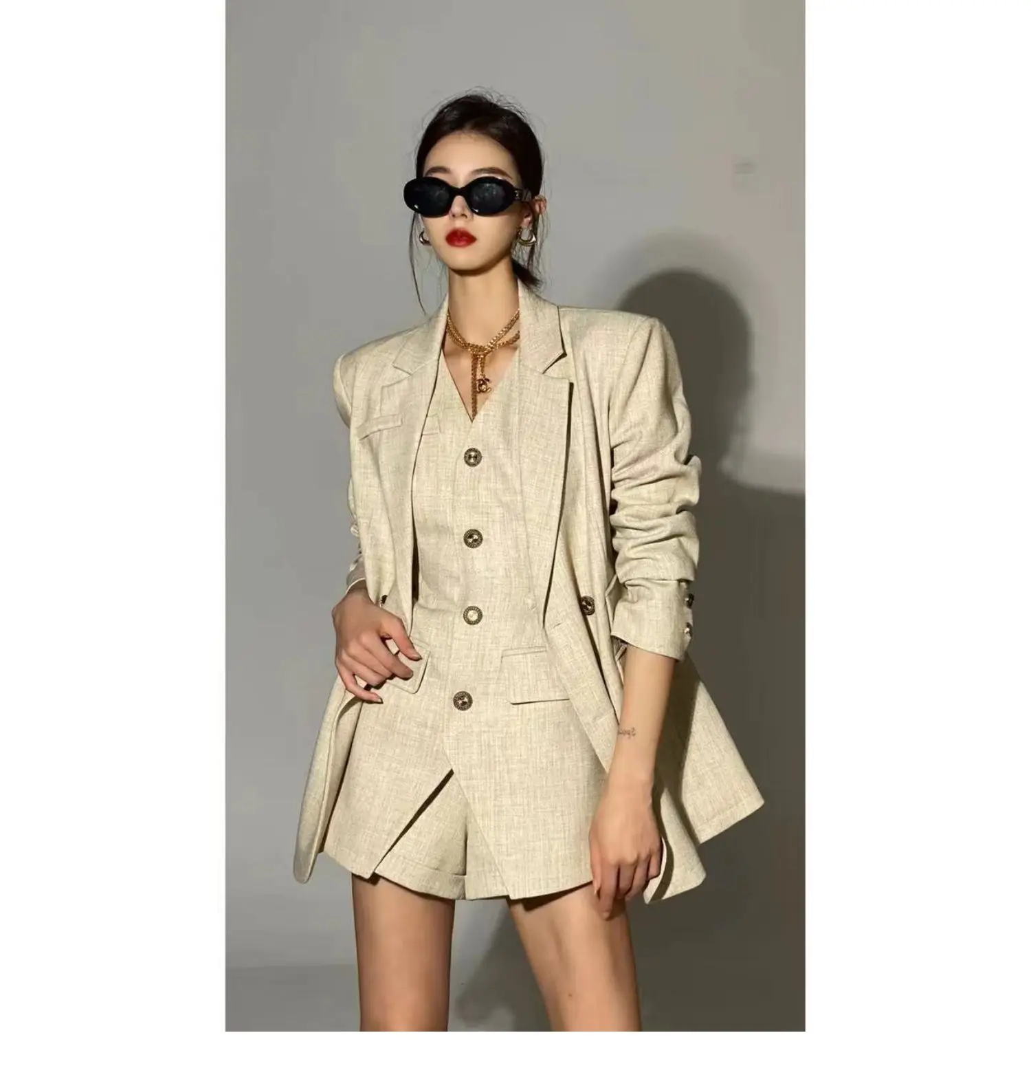 2024 Women's Blazer and Vest and Shorts Three Pieces Set Jacket Suits Korean Fashion Office Ladies Clothing for Spring Winter