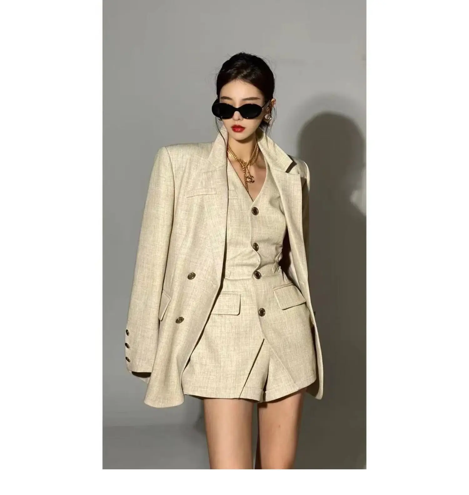 2024 Women's Blazer and Vest and Shorts Three Pieces Set Jacket Suits Korean Fashion Office Ladies Clothing for Spring Winter