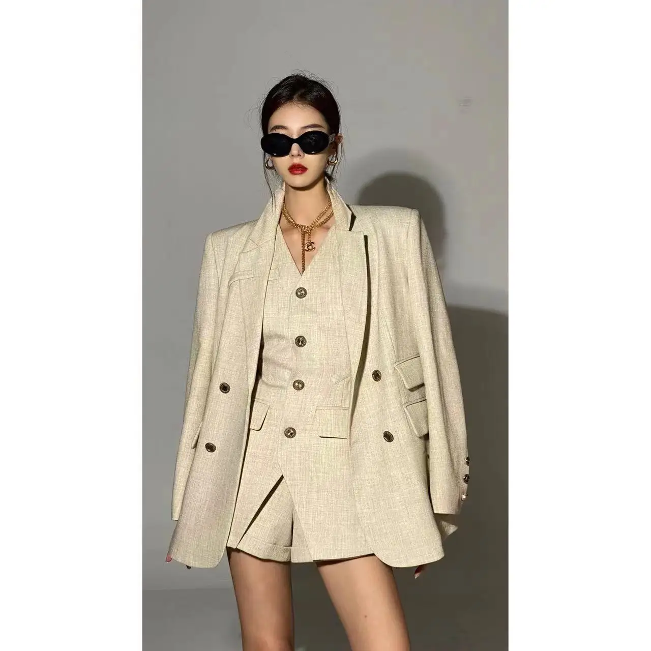 2024 Women's Blazer and Vest and Shorts Three Pieces Set Jacket Suits Korean Fashion Office Ladies Clothing for Spring Winter