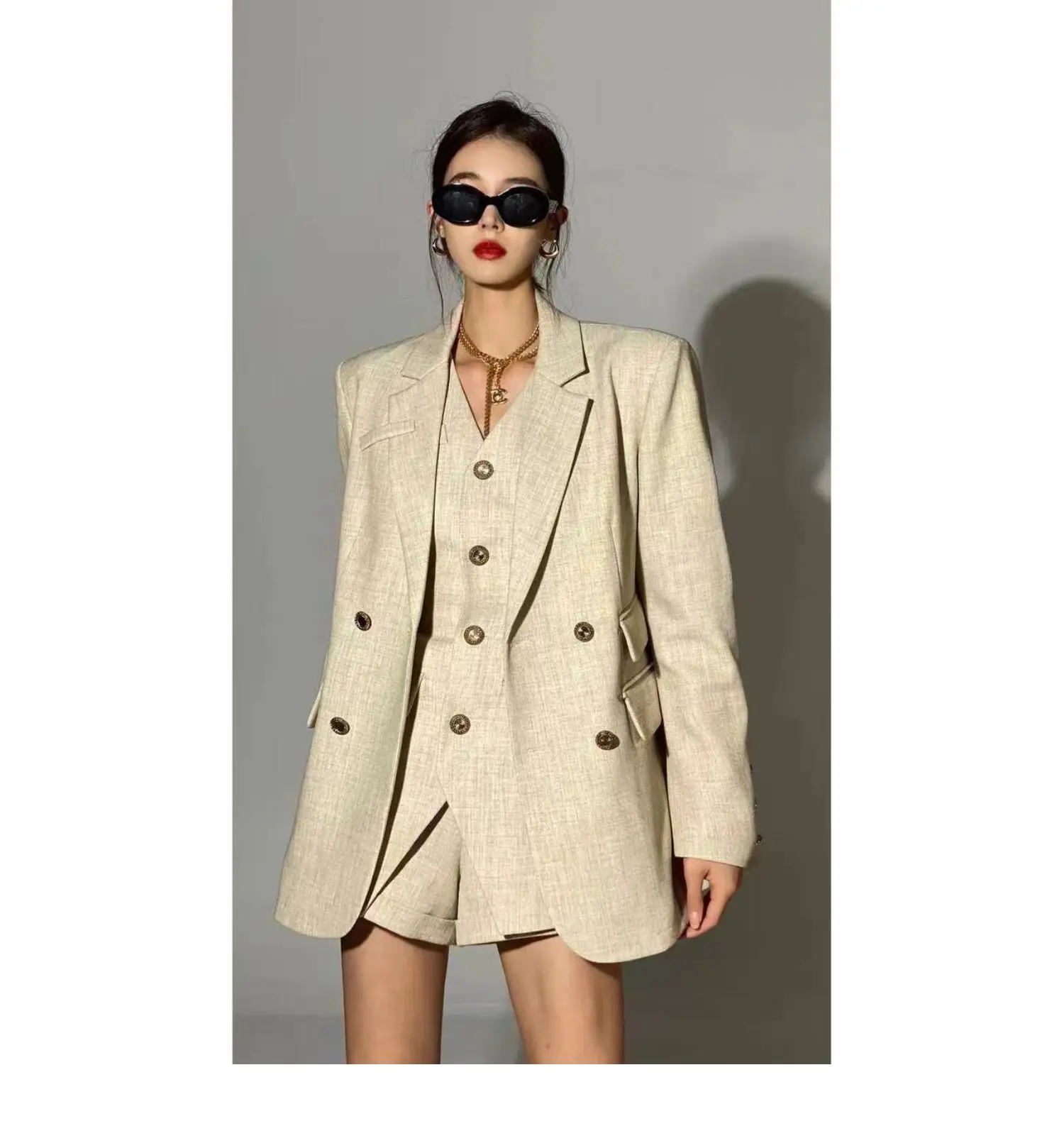 2024 Women's Blazer and Vest and Shorts Three Pieces Set Jacket Suits Korean Fashion Office Ladies Clothing for Spring Winter