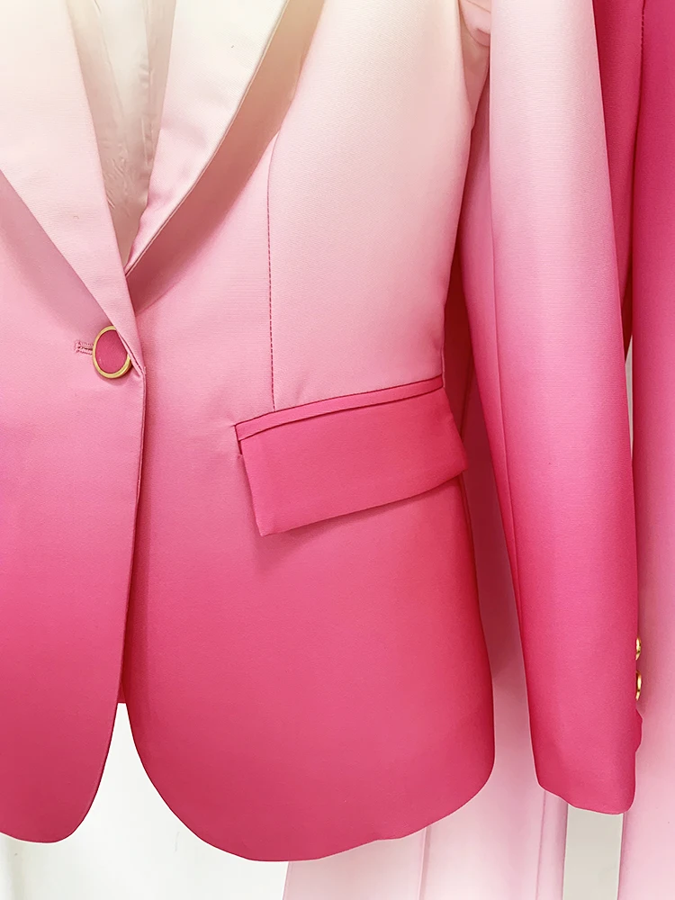 HIGH STREET Newest Fashion 2024 Designer Suit Set Women's Gradient Color Printed Single Button Blazer Flare Pants Suit 2pcs