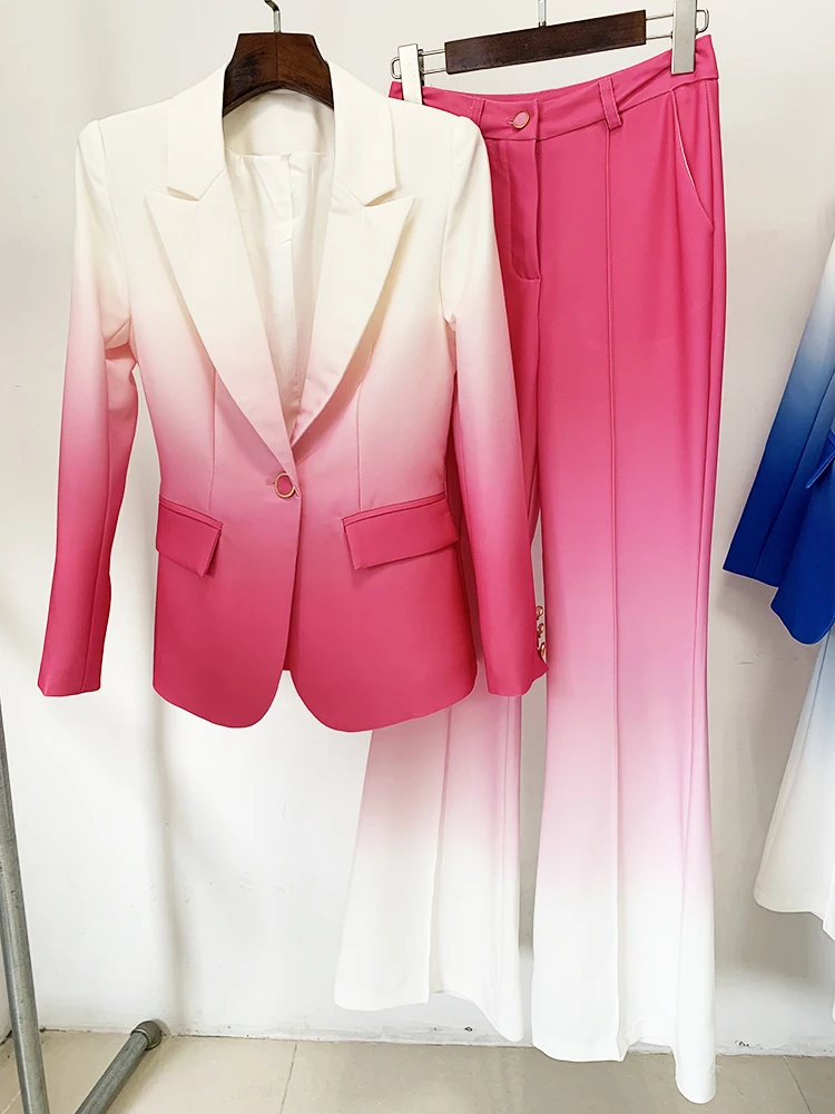 HIGH STREET Newest Fashion 2024 Designer Suit Set Women's Gradient Color Printed Single Button Blazer Flare Pants Suit 2pcs
