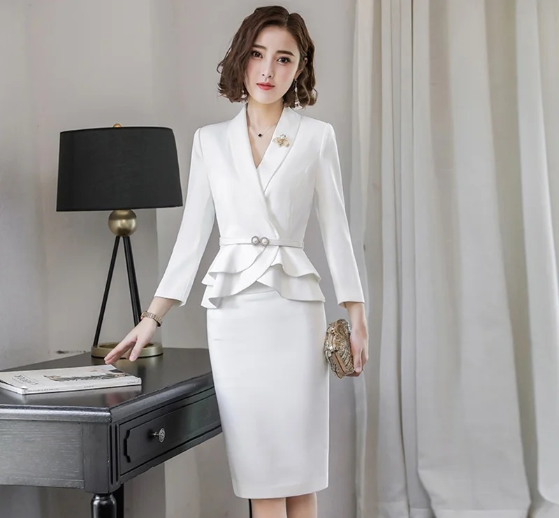 Interview suits female ladies elegant white blazer skirt suit female women 2019 office uniform designs business suit AA4231